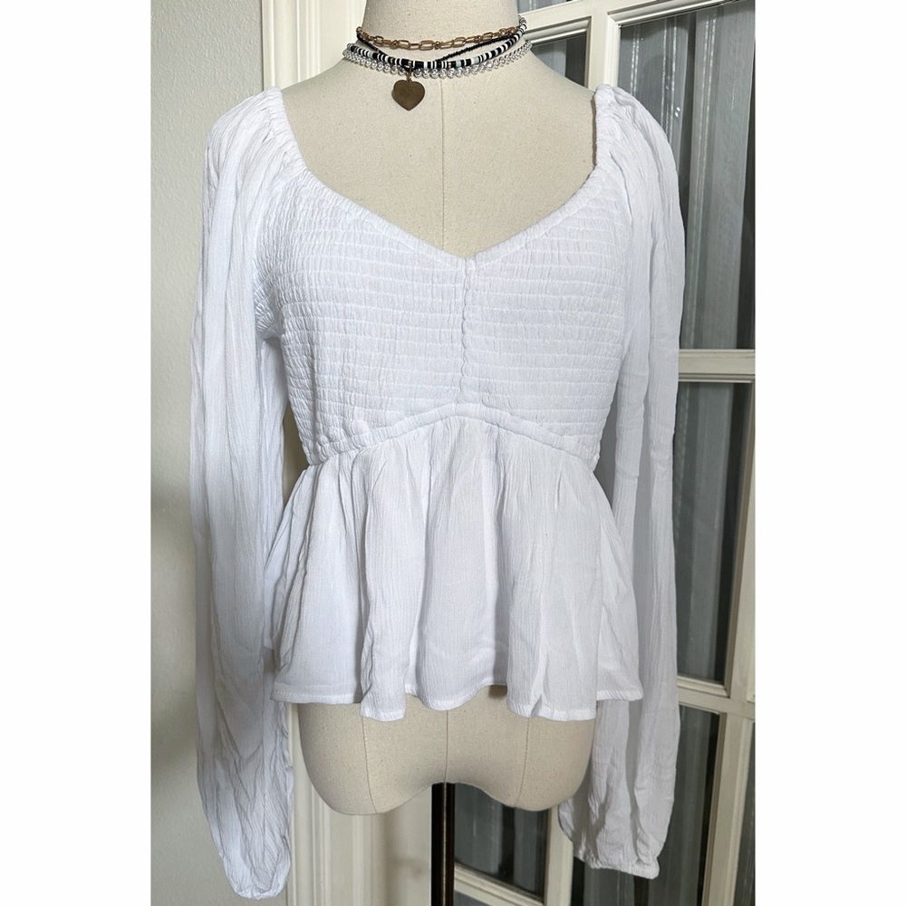 Hollister White Smocked Peplum Blouse with Bubble Sleeves